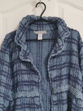 Modern Soul Light and Dark Blue Plaid Ruffled Trim Cardigan
